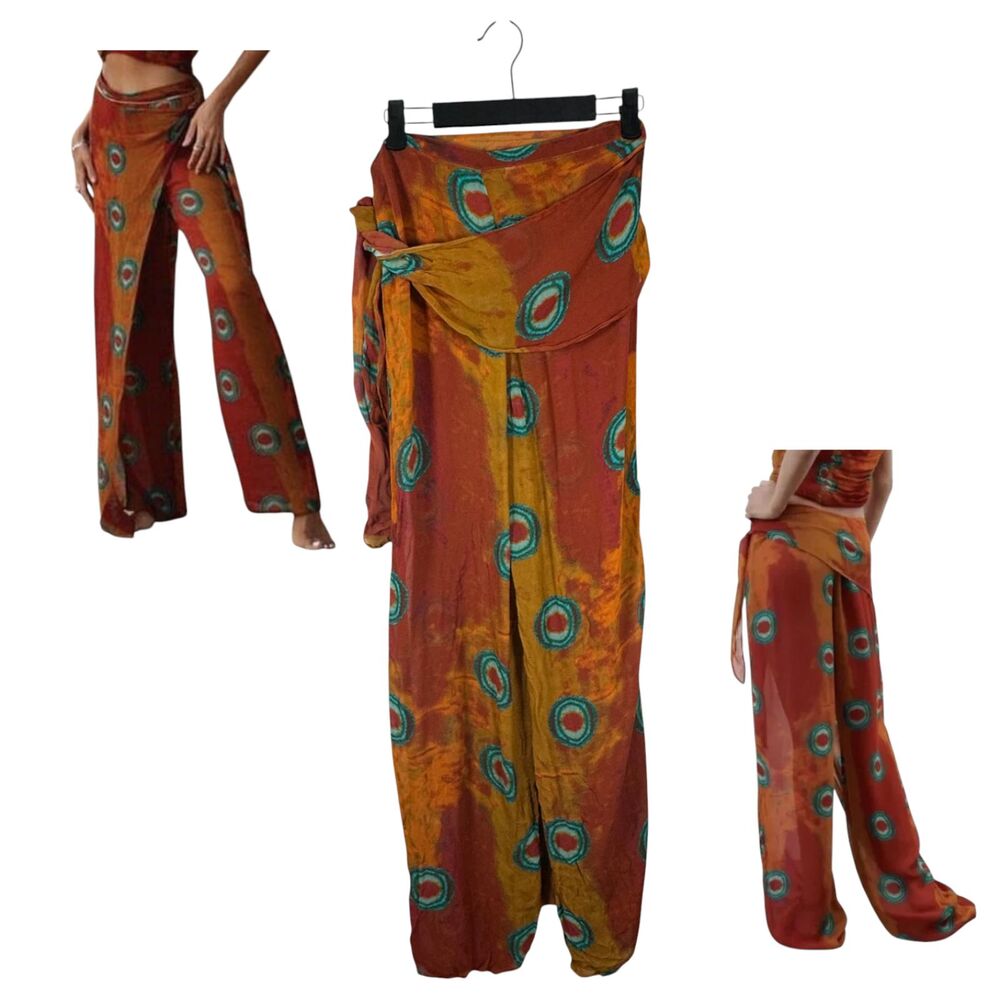 Zara Flowy Wrap Waist Layered Semi Sheer Pareo Trouser Orange Pants Size XS